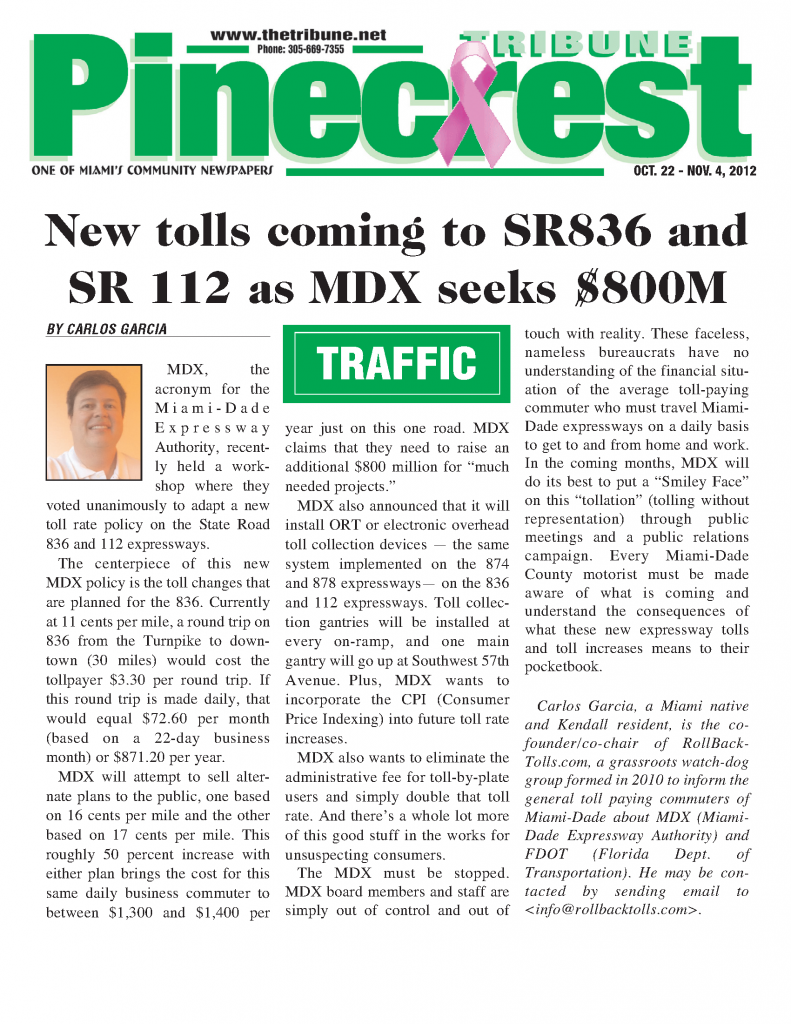 Community Newspaper - Pinecrest Tribune - MDX toll rate increases coming to 836 & 112