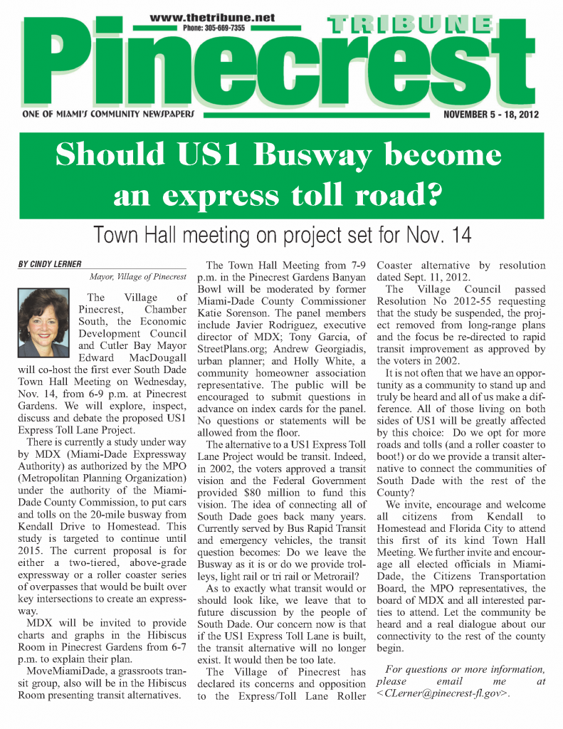 Cindy Lerner, Mayor of Village of Pinecrest to host public meeting about proposed express toll lanes on US 1.