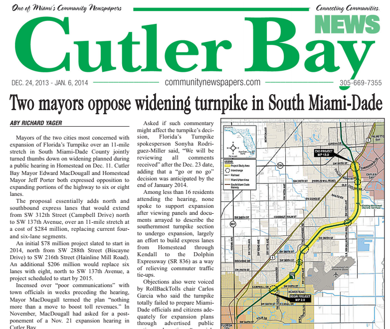 Cutler Bay News Article on Turnpike