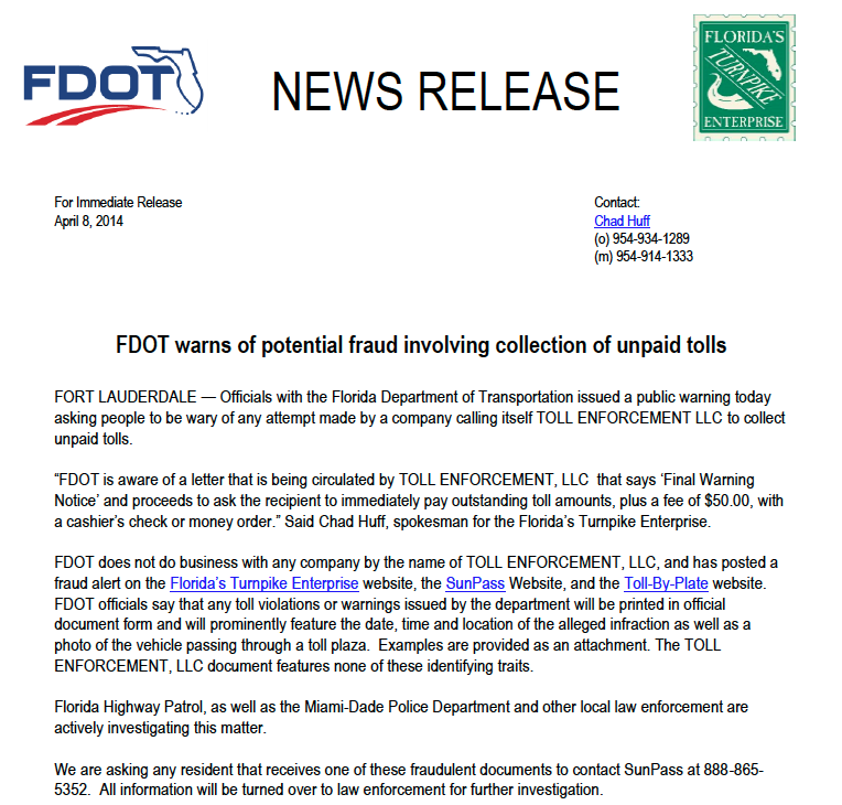 FDOT and SunPass warn of Toll Collection Scam