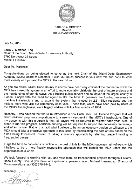 Mayor Carlos Gimenez letter to MDX asking them to reduce tolls