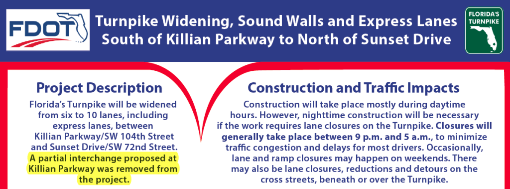 Turnpike notice about express lane construction in Kendall.