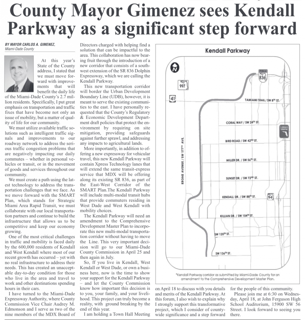 Kendall Parkway Article In Pinecrest Tribune