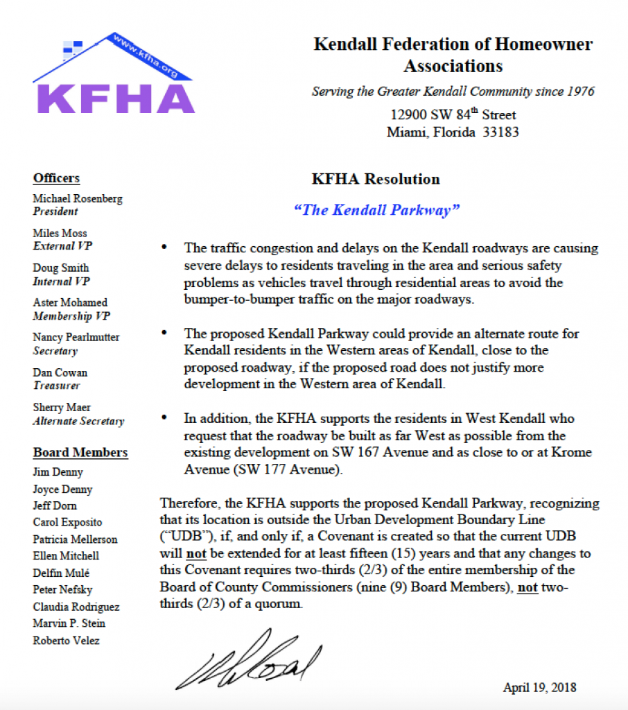 KFHA Resolution on Kendall Parkway