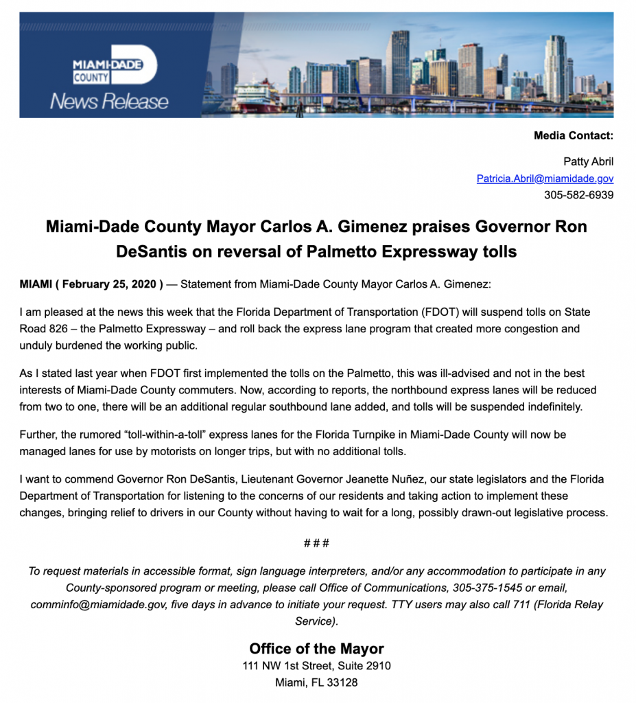 Mayor Carlos Giminez statement on roll back of express lanes on 826 Palmetto